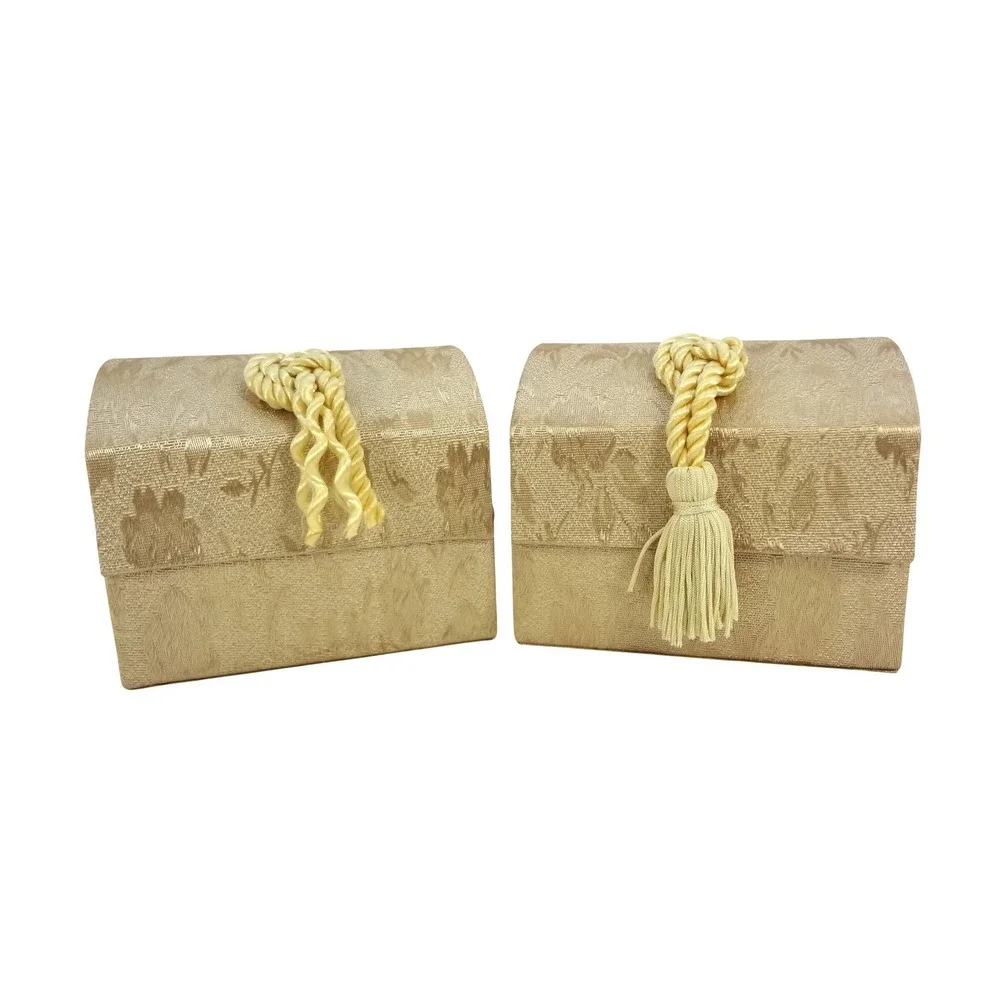 Vintage Gold Brocade‎ Jewelry Box Set of 2 Domed Tassel Trinket Chests Champagne